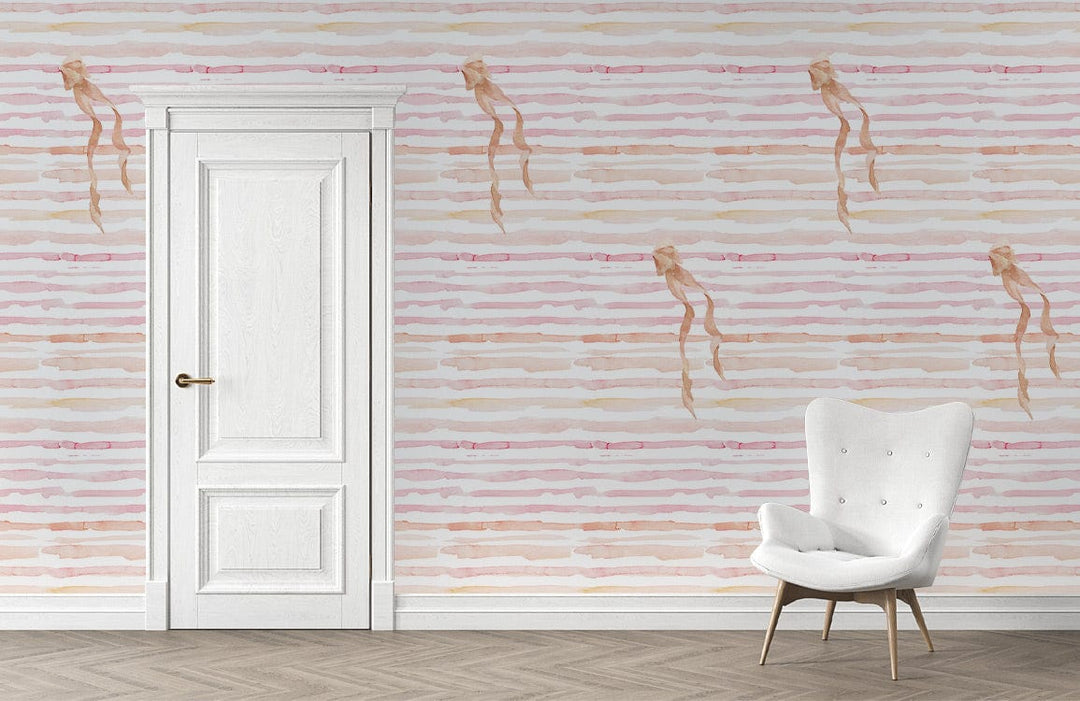 Tropical Monkey wallpaper, soft pastel sunset tones, white door, elegant chair, wooden flooring, serene setting.