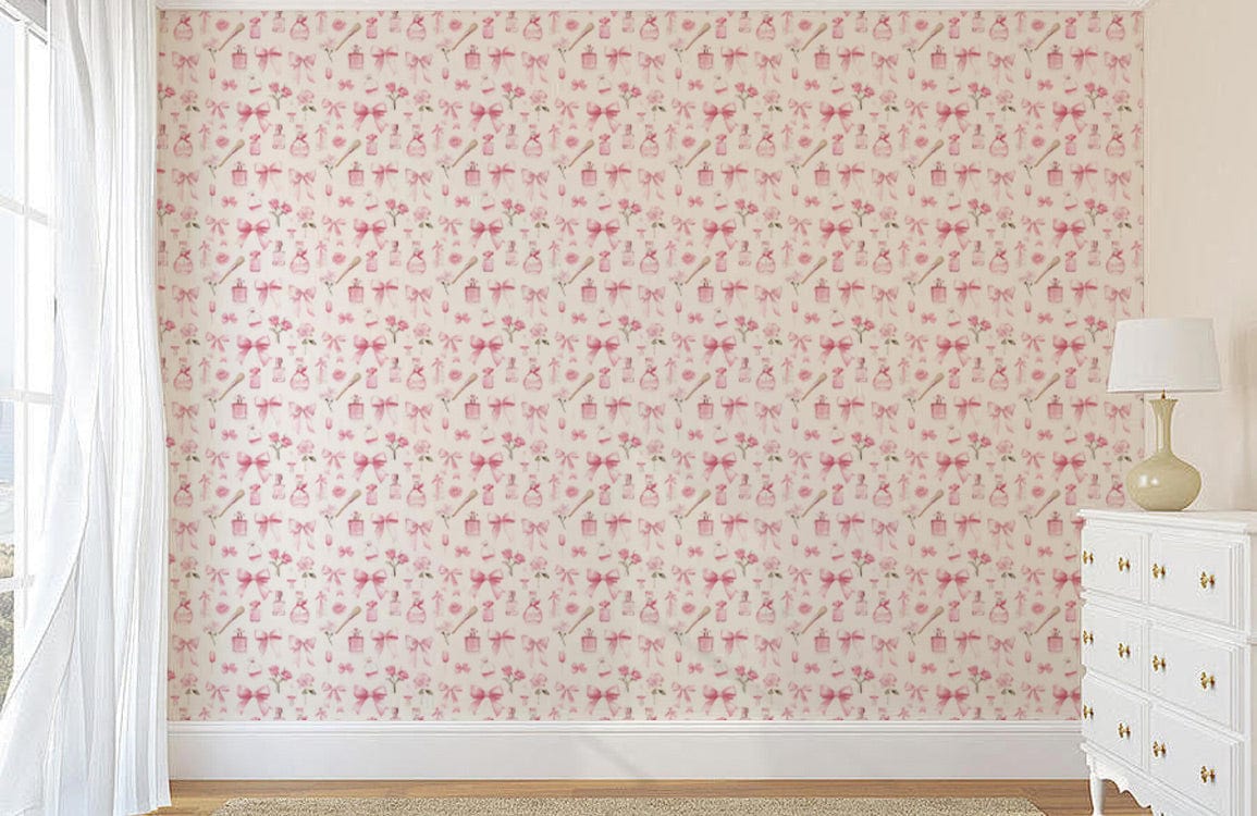 Pink floral wallpaper in vintage room decor, white curtains, chest of drawers, window light.
