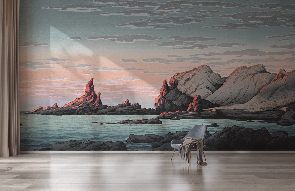 Tranquil Coastal Sunset Mural Wallpaper in pastel tones, light wood flooring, grey modern chair.