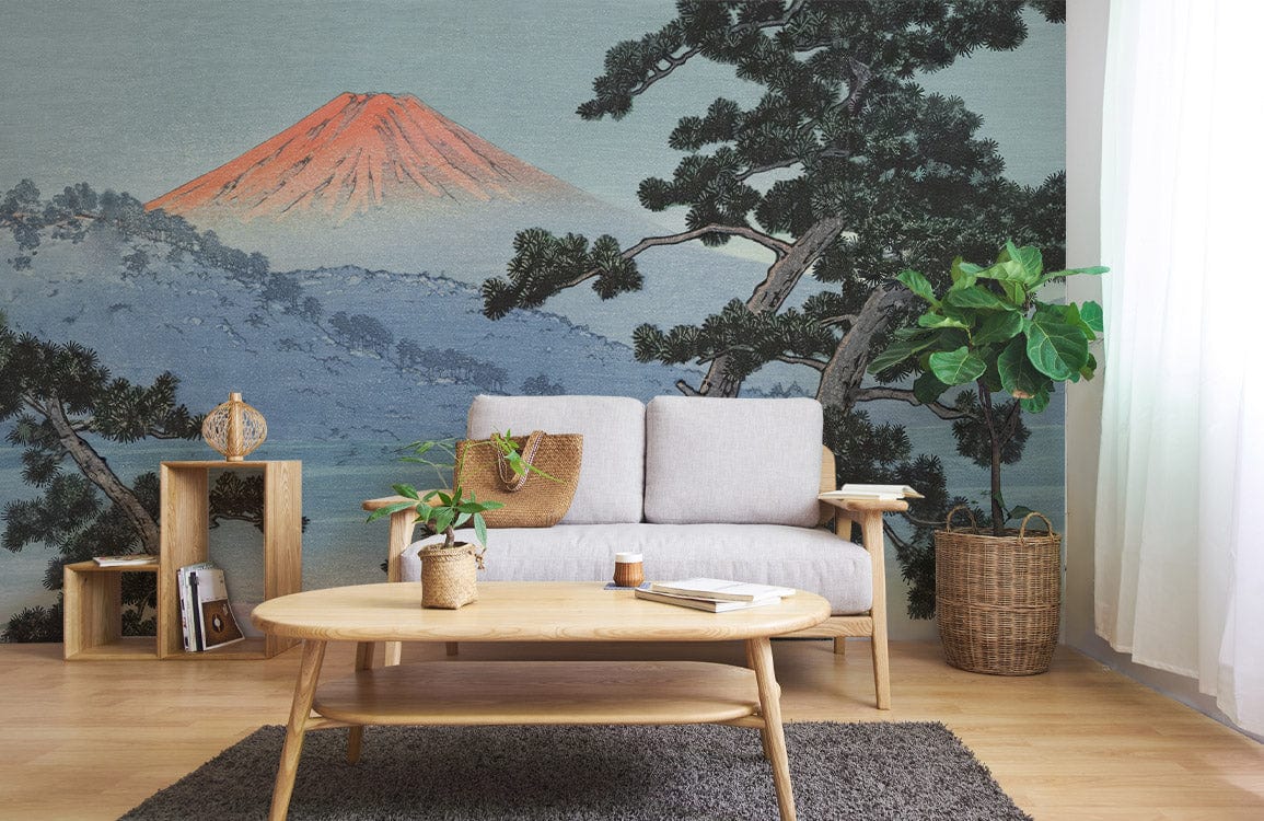 Serene Mountain Landscape Wallpaper with Trees, Japanese Style, grey sofa, light wood furniture, living room.