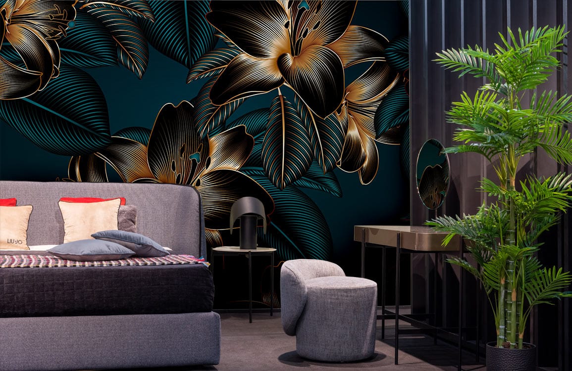 Elegant Midnight Floral Wallpaper with Gold Accents, grey sofa, modern dressing table, lush greenery, bedroom.