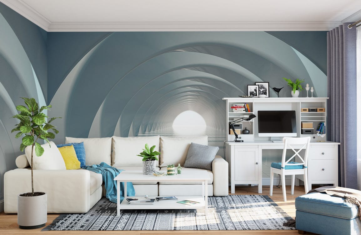 Futuristic grey tunnel mural wallpaper with white sofa, wooden flooring, desk, and modern interior design.