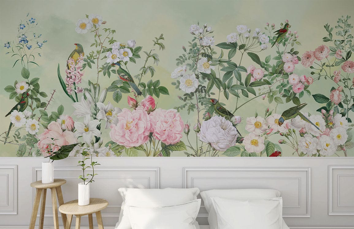 Elegant pastel floral garden wallpaper mural with birds; white sofa, minimal stools, elegant room design.