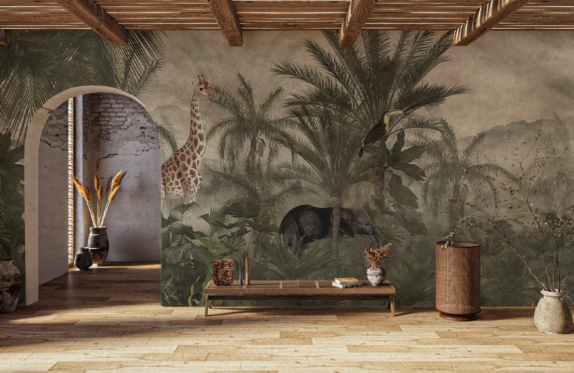 Exotic Jungle Safari Mural Wallpaper with wildlife scene, earthy tones, wooden flooring, rustic living room.
