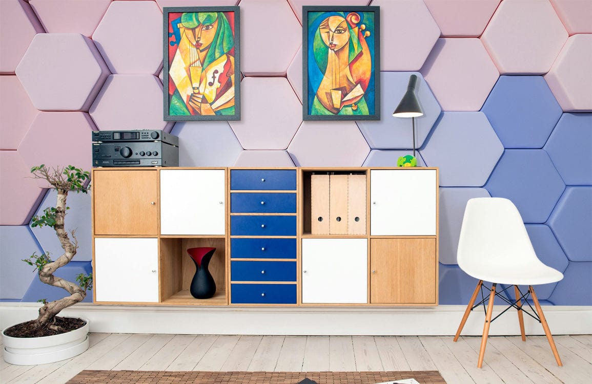 Pastel geometric hexagon wallpaper, pink and blue, modern room with white chair, wooden cabinet.