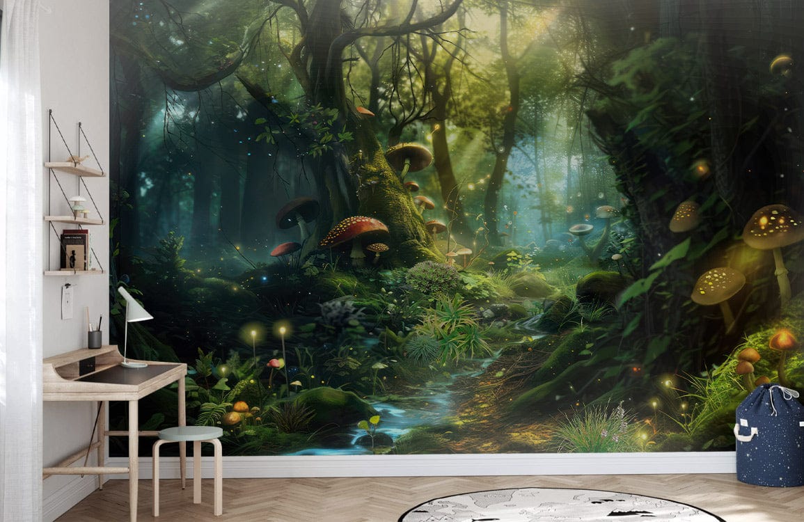 Enchanted Forest Wonderland mural wallpaper with mystical mushrooms, lush greens in a study room, wooden flooring.