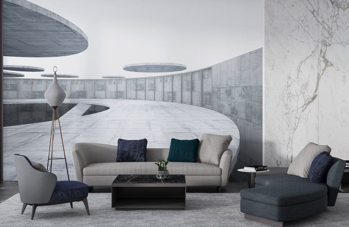 Futuristic concrete mural wallpaper in grey, modern sofas, marble wall, minimalist living room design.