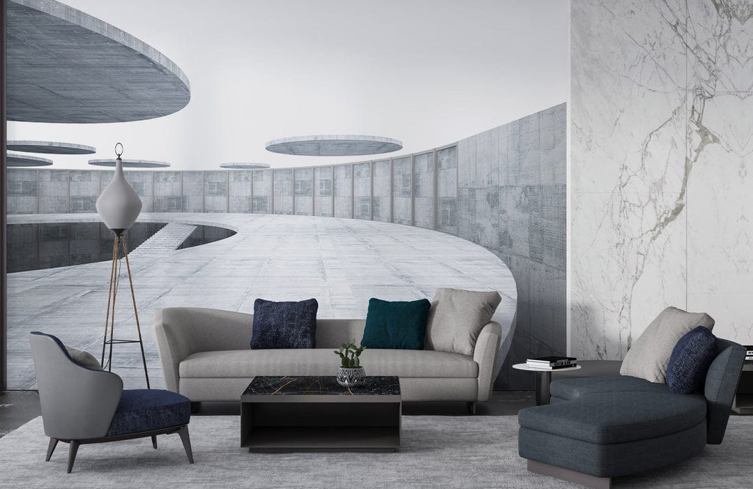 Futuristic concrete mural wallpaper in grey, modern sofas, marble wall, minimalist living room design.