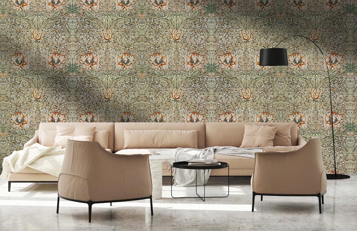 Luxury Victorian style wallpaper with floral design, beige sofa, armchairs, black floor lamp, modern room.