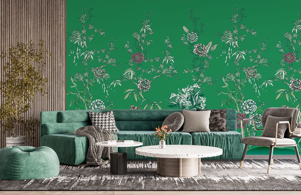 Elegant green floral botanical wallpaper; vintage peony design; modern living room; green velvet sofa.