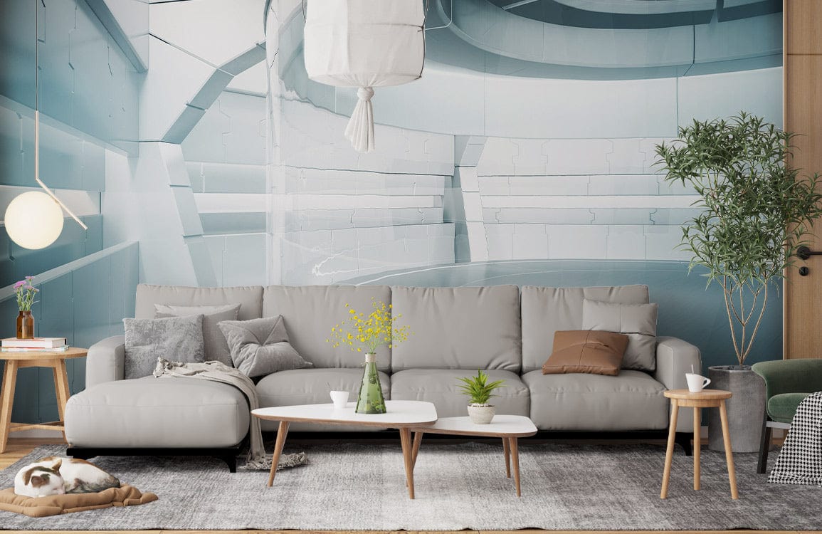 Futuristic mural wallpaper with grey sofa, abstract geometric design, light wood flooring, contemporary living room.