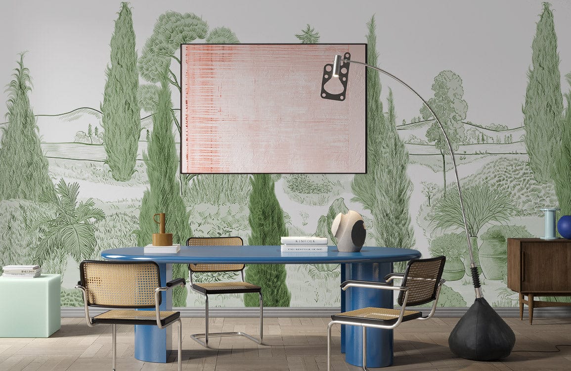 Tranquil green landscape wallpaper, modern dining room, blue table, cane chairs, serene interior setting.