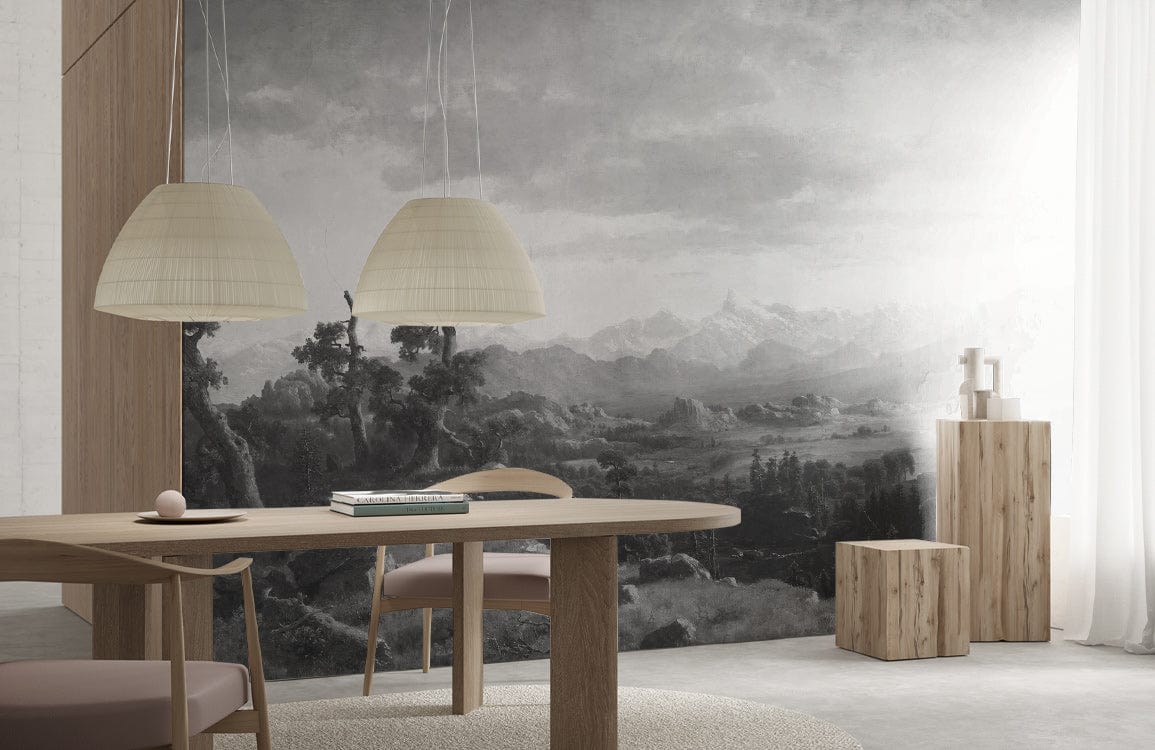 Monochrome Mountain Mural Wallpaper in dining room with wood furniture, pendant lights, neutral Décor.