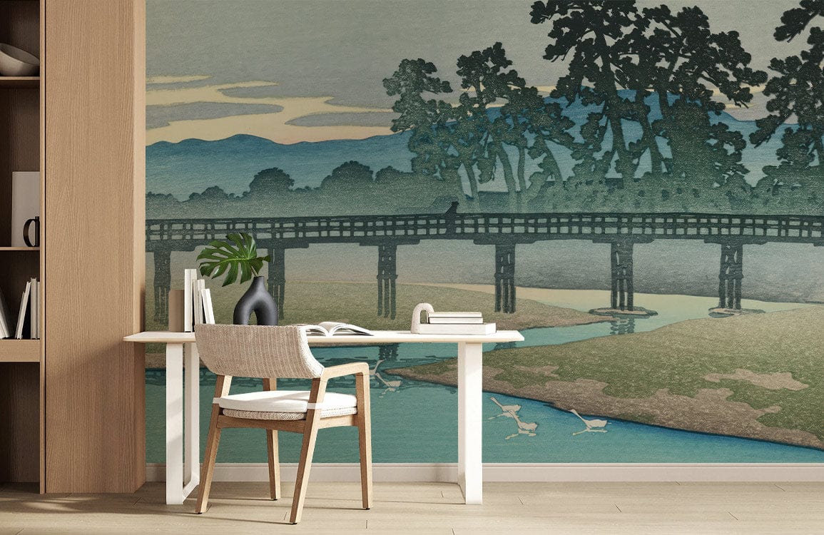 Serene Japanese Landscape Mural Wallpaper enhances office with wooden desk, chair, and oak flooring.
