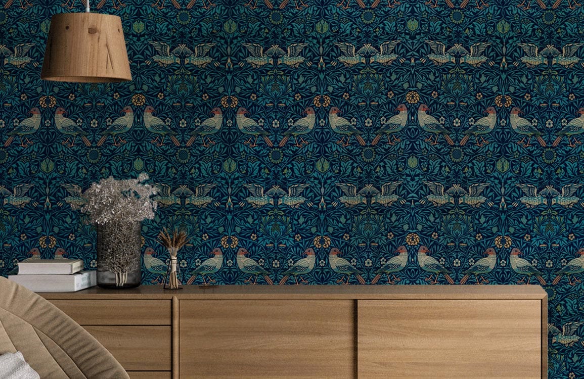 Elegant Sapphire Blue Art Nouveau wallpaper, wooden sideboard, textured lamp, modern room decor.