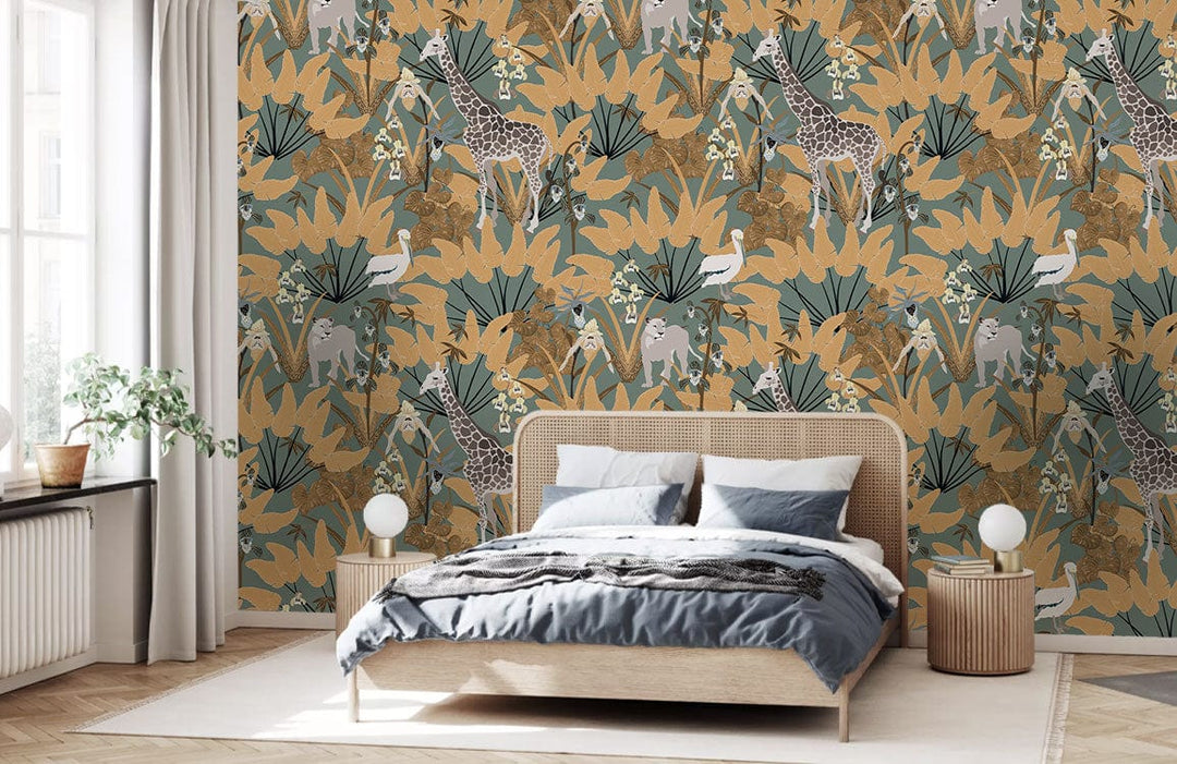 Tropical Safari Adventure Wallpaper with giraffes; earthy green and gold; bedroom with stylish furniture.