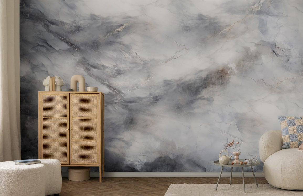 Luxury grey marble effect mural wallpaper in modern living room with beige sofa and wooden flooring.