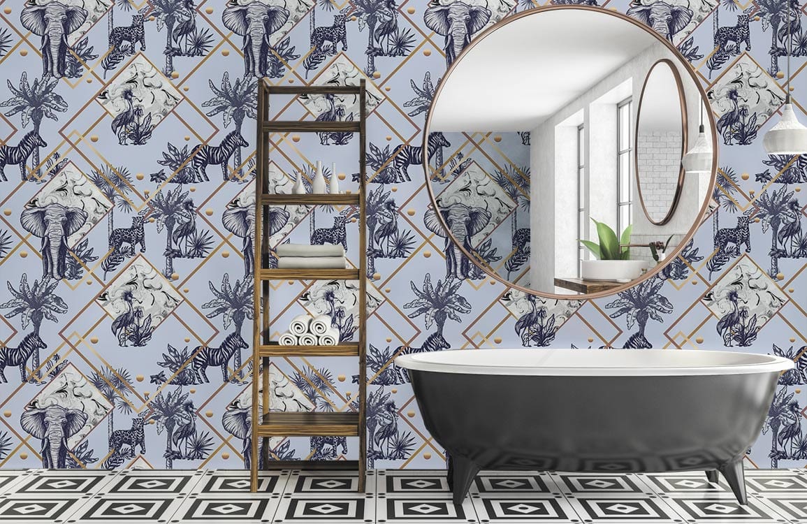 Elegant Safari Adventure Mural Wallpaper in blue, gold; bathroom setting with black freestanding tub, patterned floor.