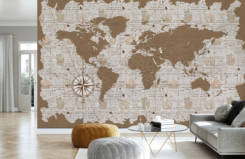 Vintage World Map Wallpaper Mural, rustic brown design in modern living room with grey sofa, wooden flooring.