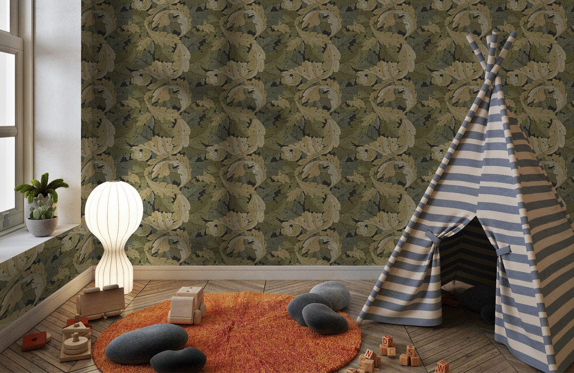Vintage Botanical Leaf Pattern Wallpaper in olive green, beige tones; children's room with stripe teepee, lamp.