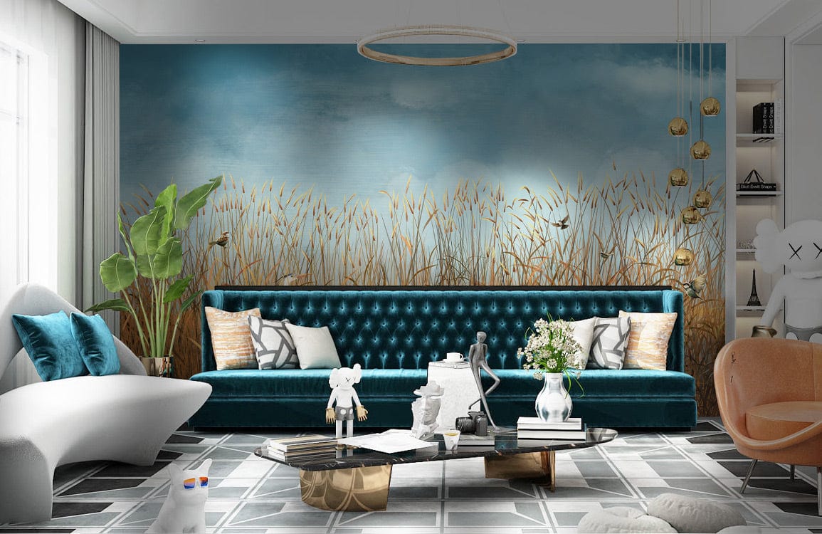 Teal velvet sofa, wavy grey sofa, geometric flooring, Tranquil Waterscape Mural Wallpaper, modern living room.