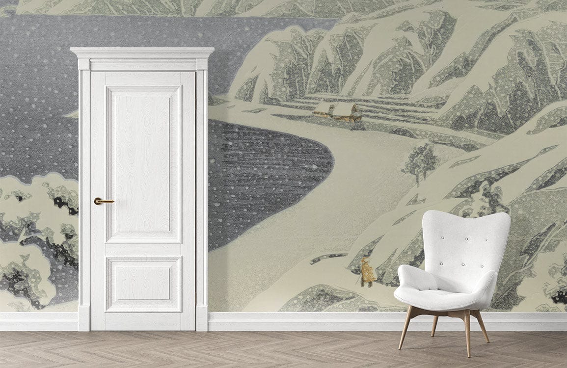 Serene Winter Coastline Japanese Mural Wallpaper, Grey White Elegance, chair, wooden floor, door, living room.