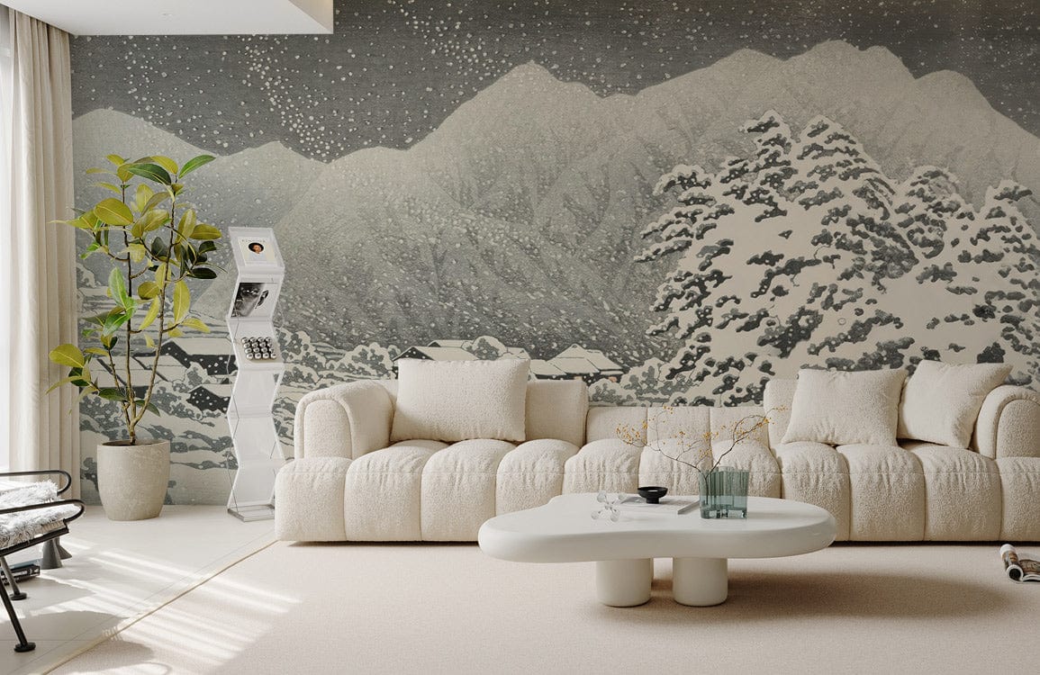 Serene Snowy Mountain Mural, grey blue tones, cream sofa, modern living room, beige carpet flooring.