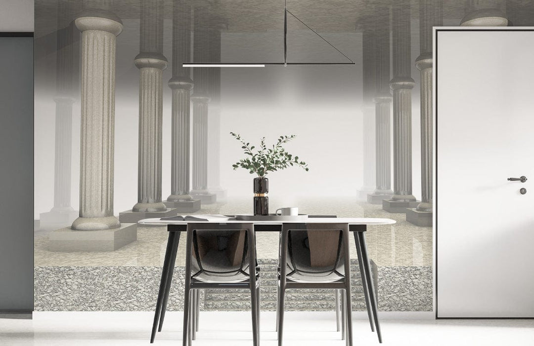 Elegant Ancient Greek Column Mural Wallpaper in grey marble, dining table with chairs, modern light fixture.