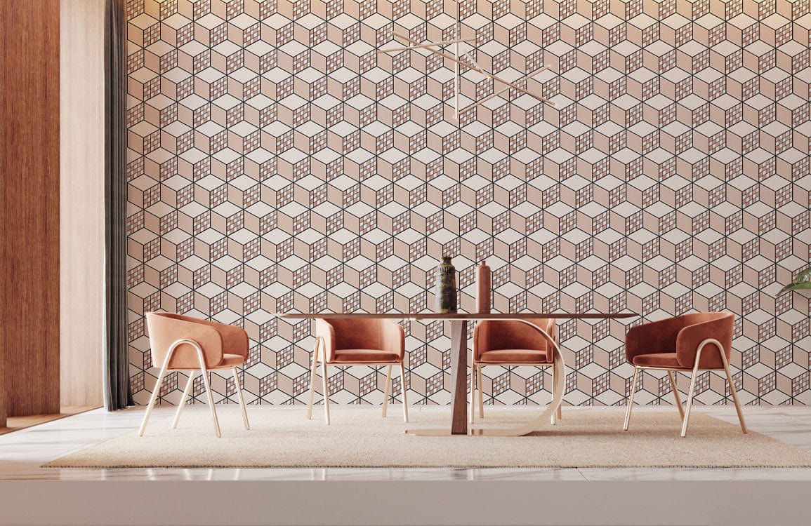 Geometric taupe and white 3D cube wallpaper in dining room with modern chairs and table.