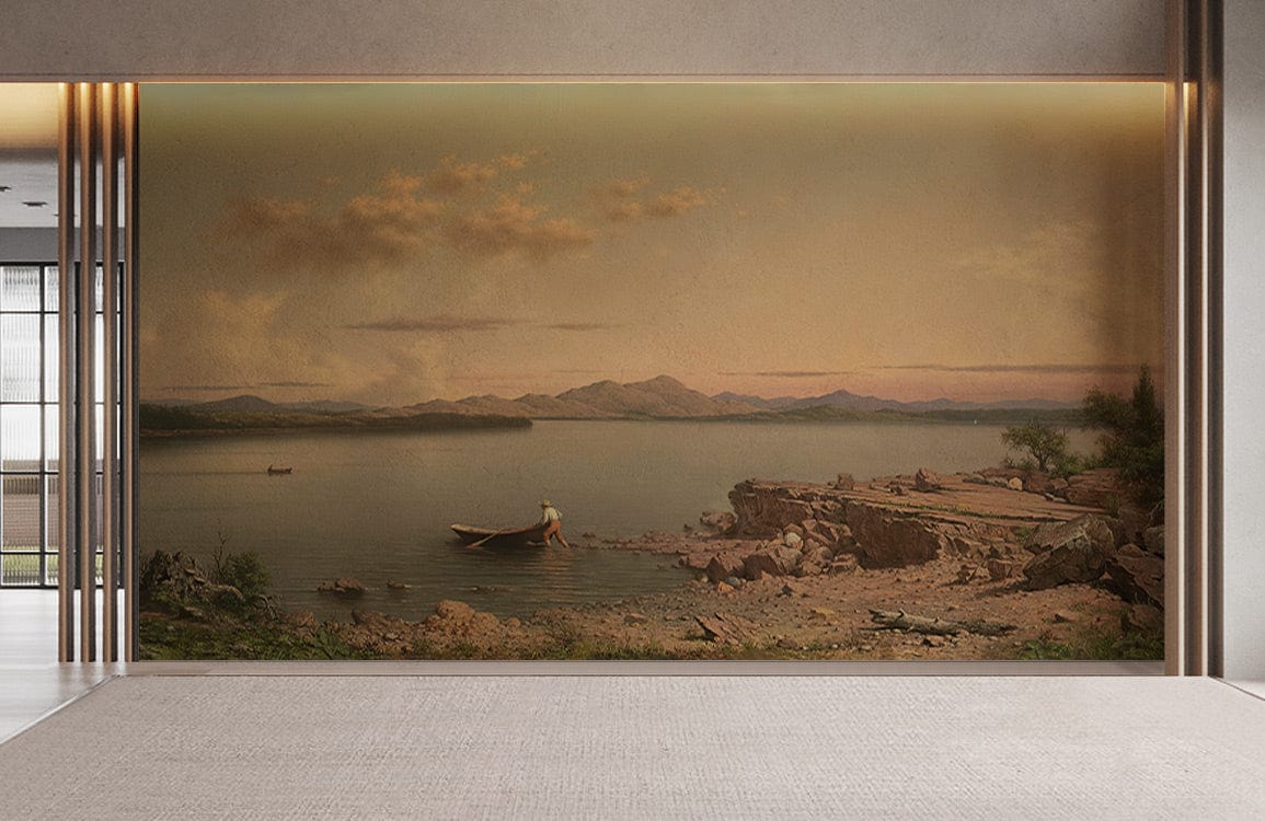 Tranquil Lake Sunset Mural Wallpaper in minimalist living room with modern grey walls and carpet flooring.