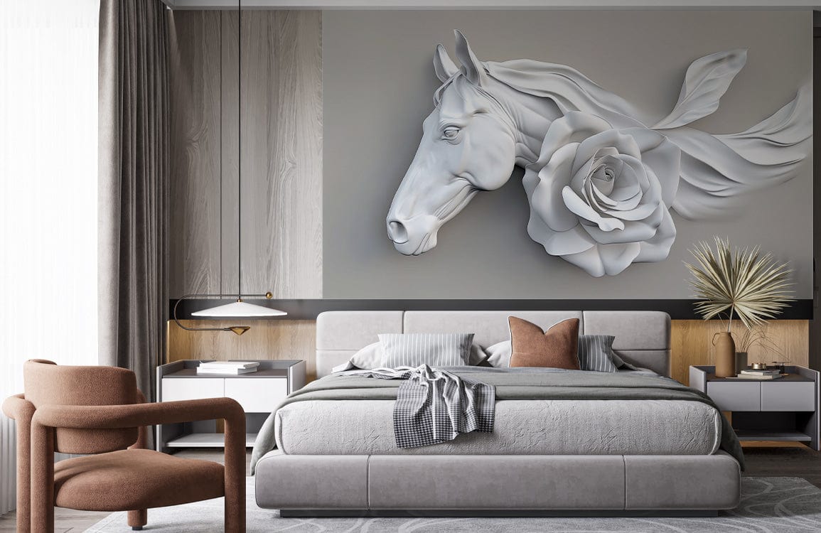 Elegant 3D horse mural wallpaper in modern bedroom; grey theme, plush bed, cosy armchair.