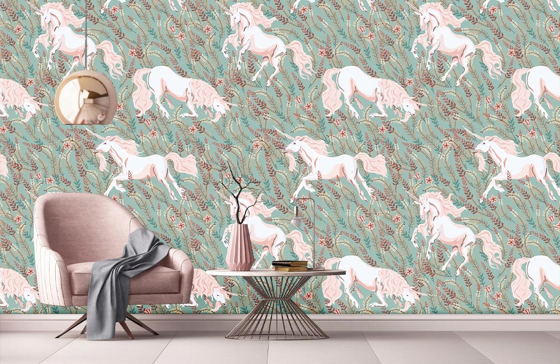 Unicorn fantasy wallpaper decor, pink armchair, modern coffee table, beige flooring, whimsical nature theme.
