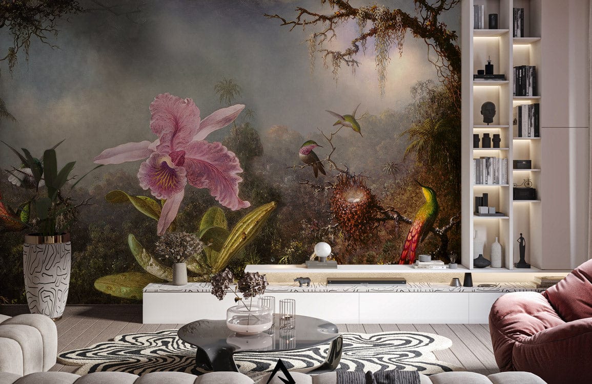 Exotic Rainforest Fantasy Mural with Hummingbirds in modern living room, featuring pink sofa and rug.