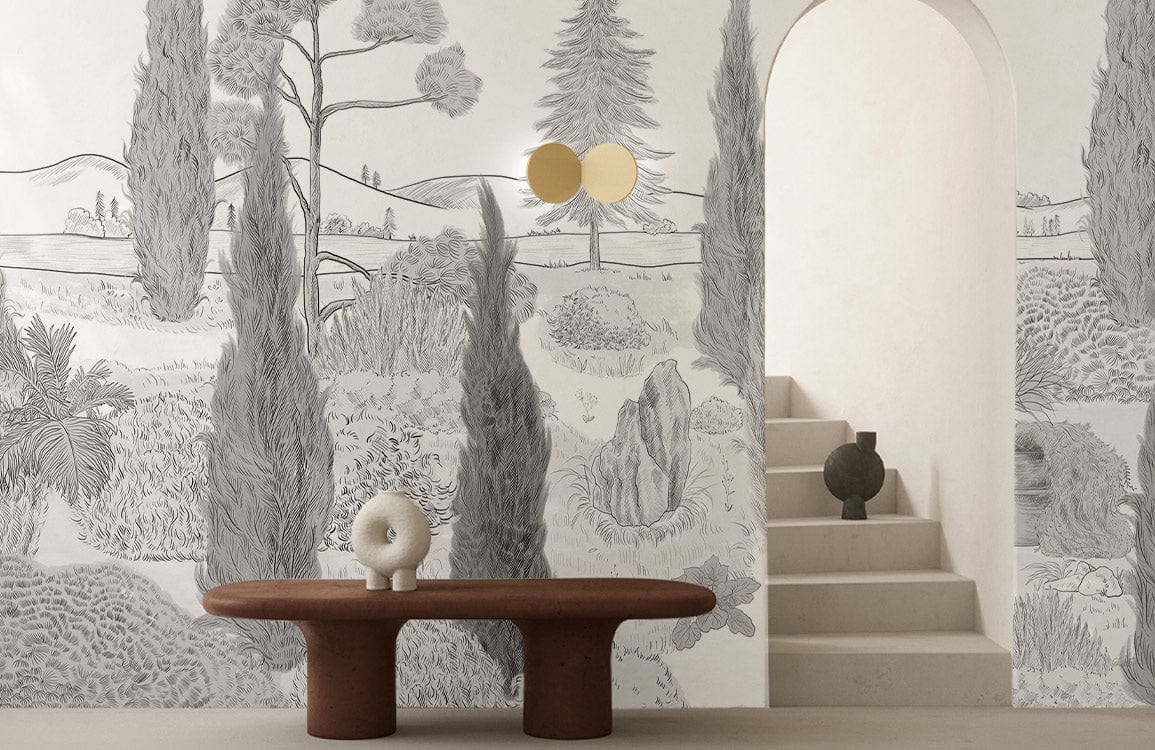 Elegant grey landscape mural wallpaper, vintage design, archway, minimalistic bench, neutral stairs, warm lighting.