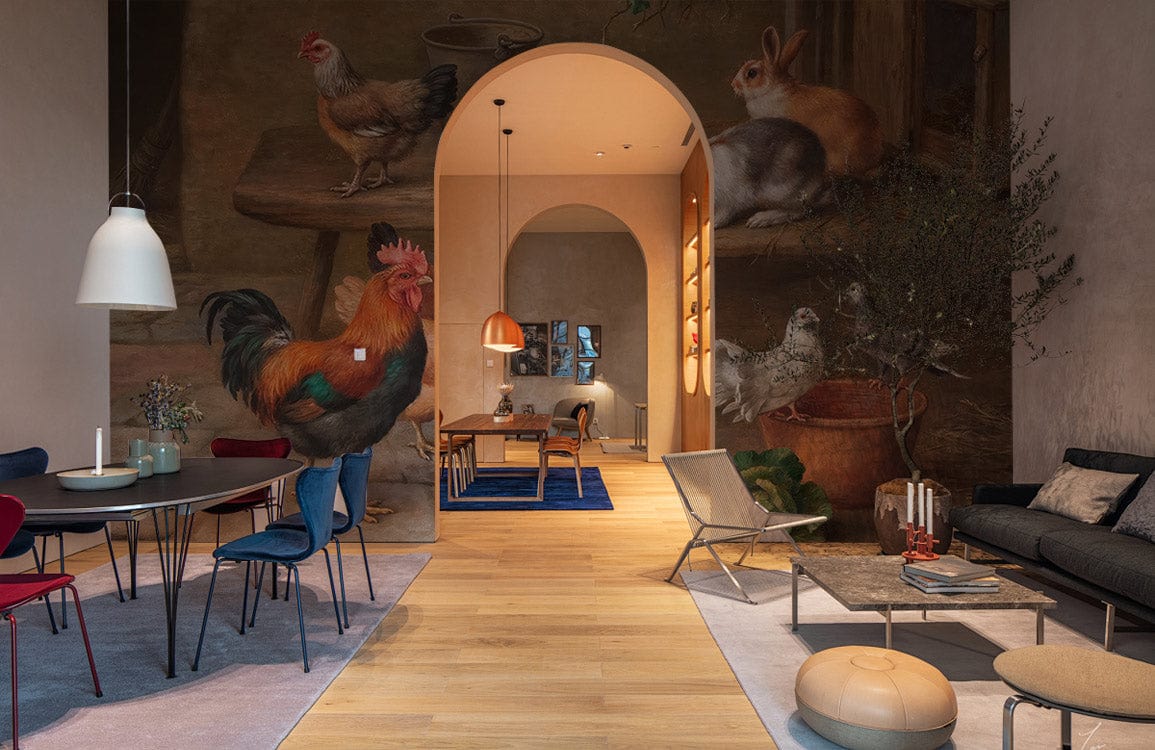 Vintage farmyard wallpaper mural with animals, rustic decor, modern dining chairs, wooden flooring, pendant lights.