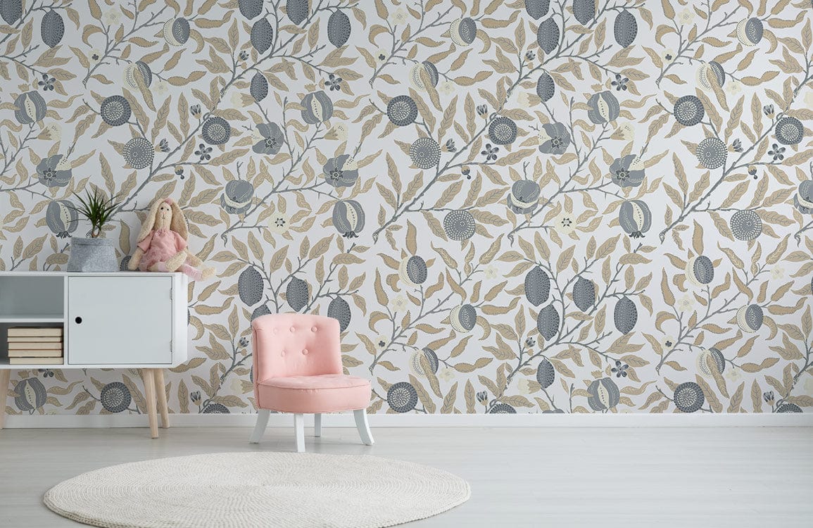 Elegant Grey and Beige Wallpaper: Floral Pattern. Pink chair, white cabinet, light wood flooring.