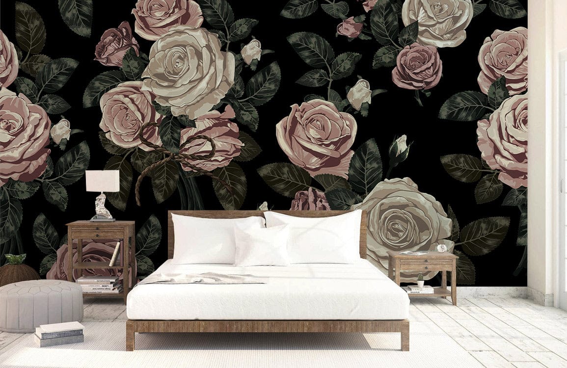 Elegant Vintage Floral Pattern Wallpaper, soft pink and cream tones, bedroom with white bed, wooden tables.
