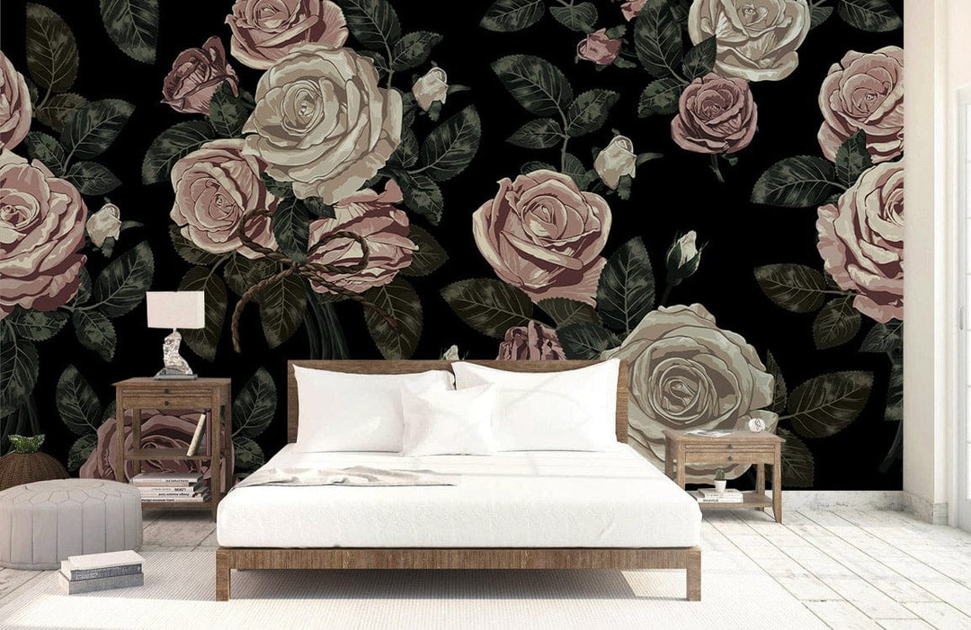 Elegant Vintage Floral Pattern Wallpaper, soft pink and cream tones, bedroom with white bed, wooden tables.