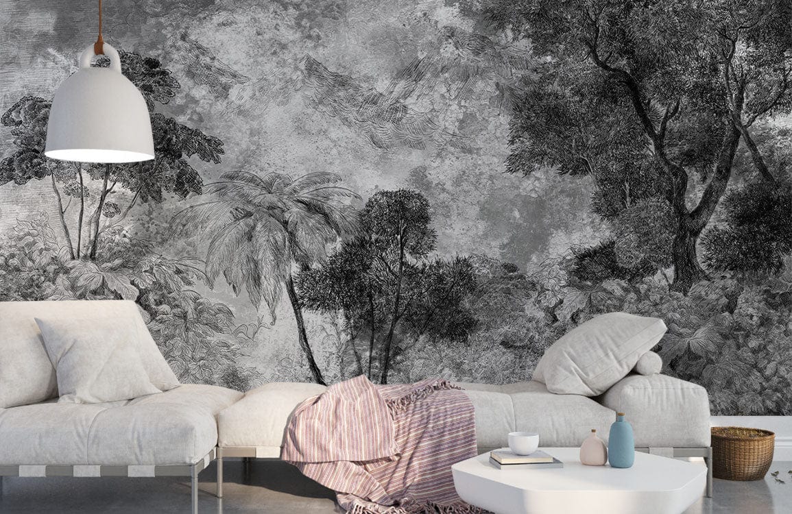 Monochrome tropical mural wallpaper in modern living room with white sofa, grey floor, and pendant light.