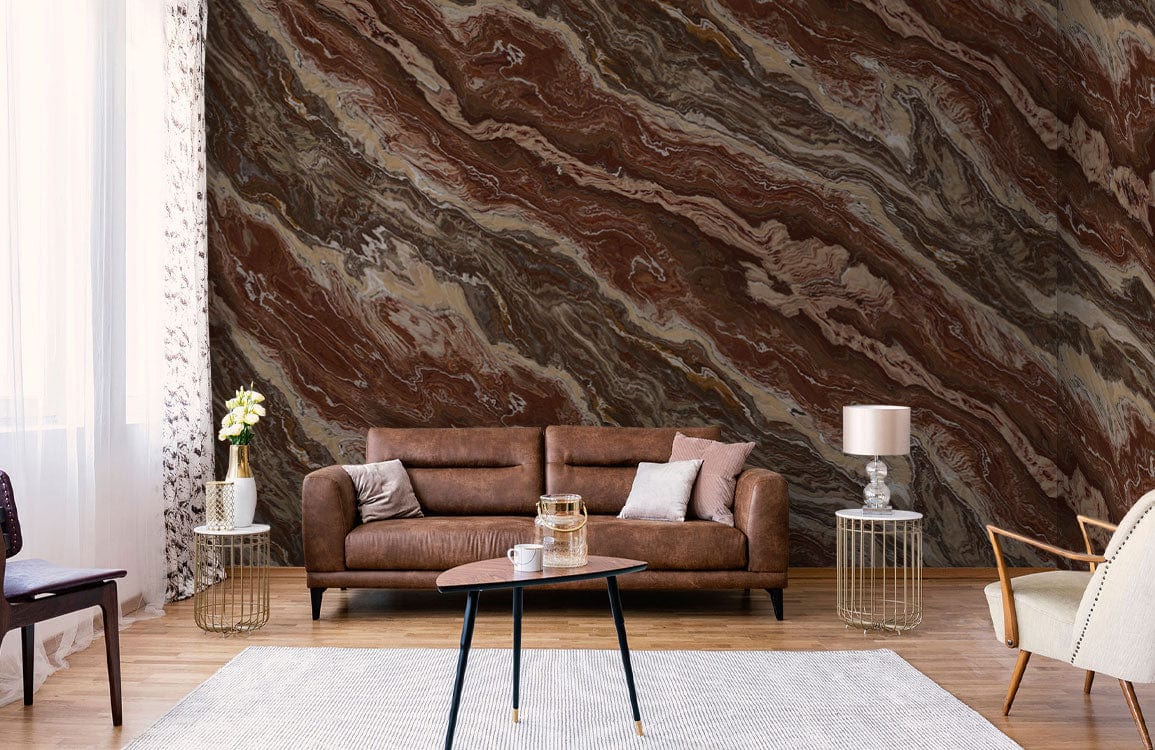 Rustic Earth Marble Effect Wallpaper, brown swirl design, complements brown sofa, wooden flooring, elegant.