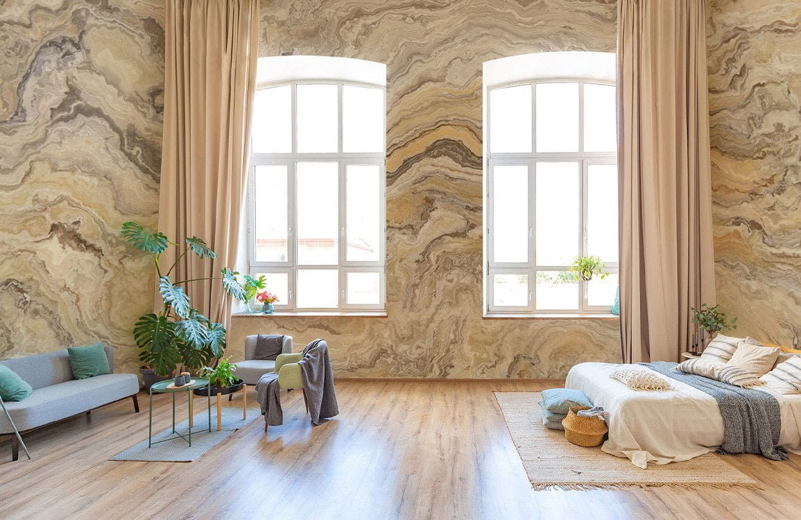 Marble Swirl Mural Wallpaper, earthy tones, elegant lounge, neutral sofa, wooden flooring, large windows.