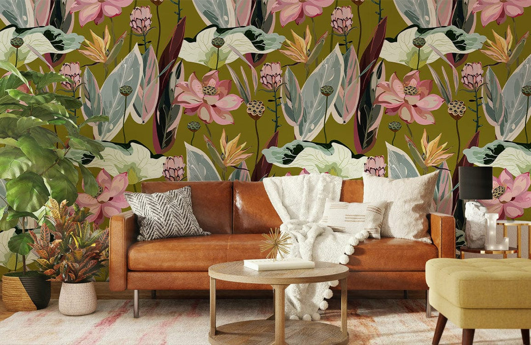 Elegant Botanical Oasis floral wallpaper with brown leather sofa, wooden coffee table, and indoor plants.