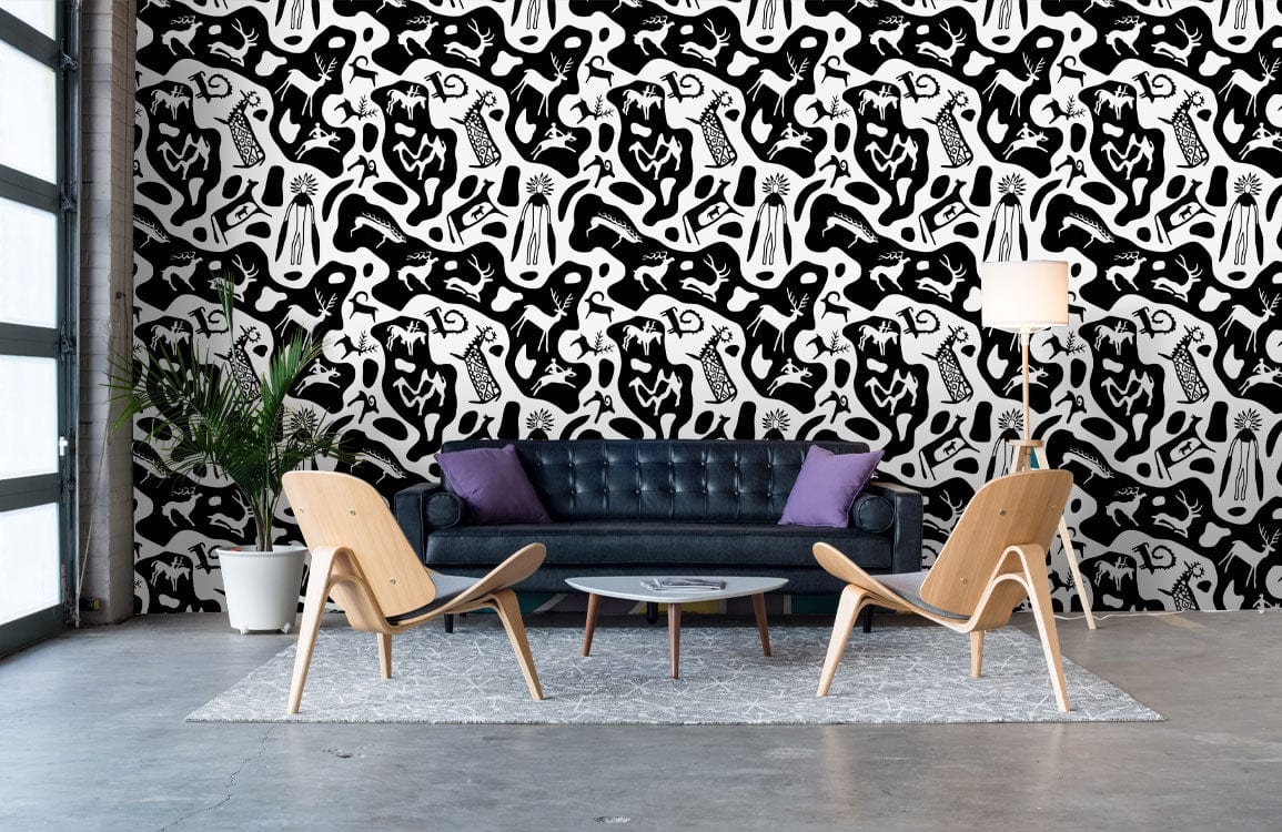 Monochrome Abstract Safari Art Wallpaper with black sofa, wooden chairs, and grey rug in modern lounge.