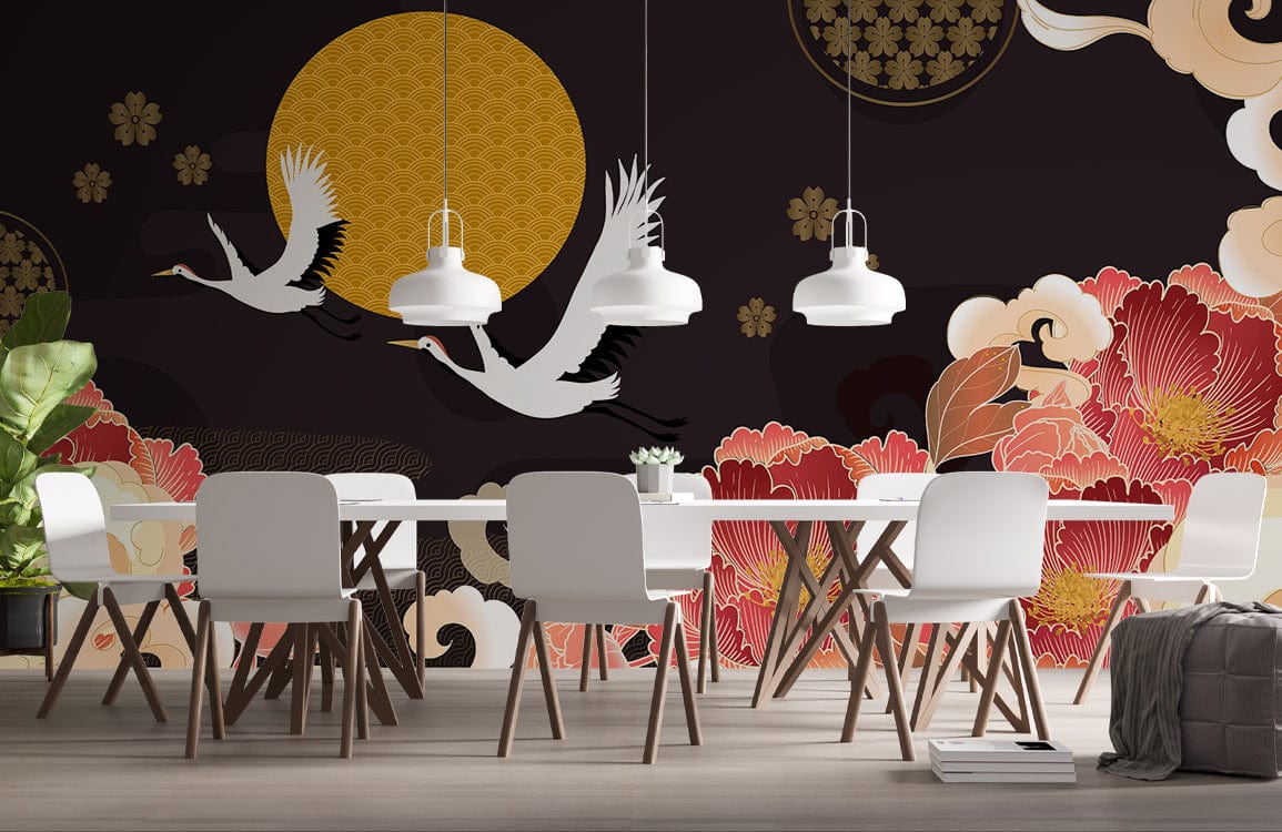 Japanese Crane wallpaper mural in dining room with white chairs, pendant lights, and wooden flooring.