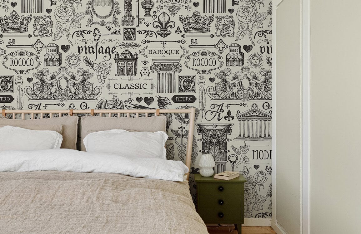 Vintage grey illustrated pattern wallpaper in bedroom with wooden bed, earthy bedding, and green side table.