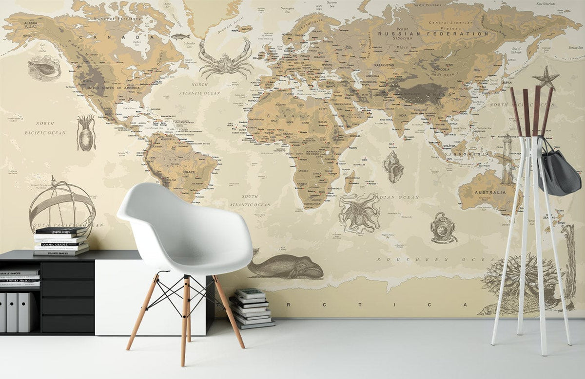 Vintage Sepia World Map Mural Wallpaper in study, featuring white chair, modern shelving, minimalist decor.