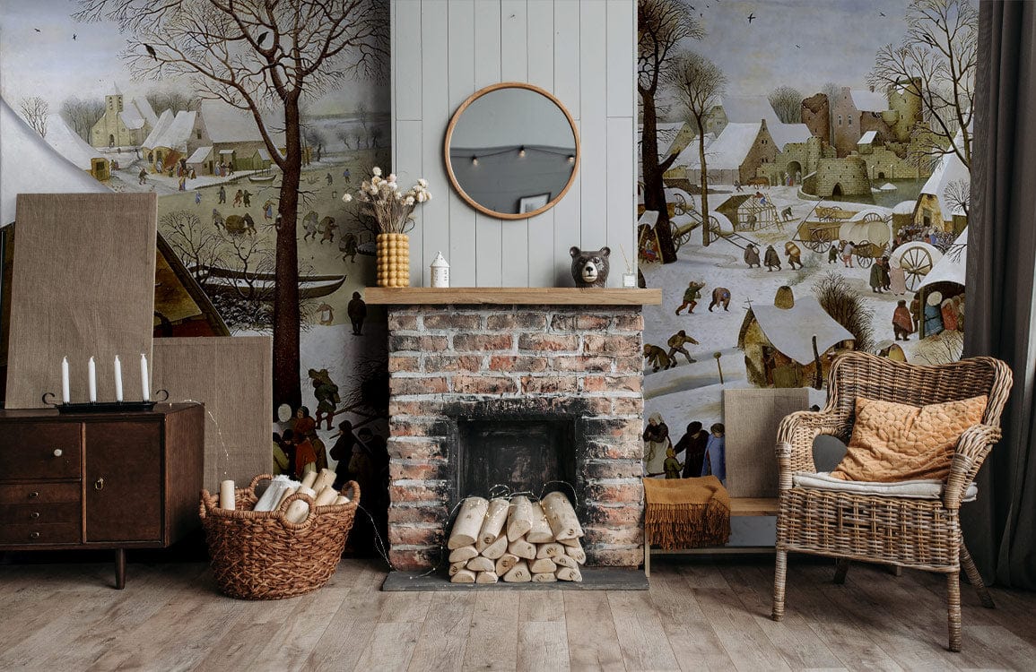Vintage winter mural wallpaper, rustic village charm, wicker chair, brick fireplace, wooden flooring, living room.