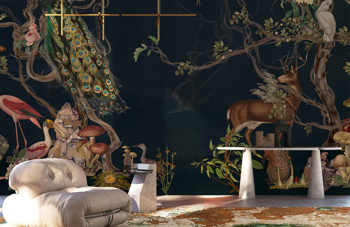 Exotic Wildlife Scene Dark Green Botanical Mural with chair, table, white flooring in interior space.