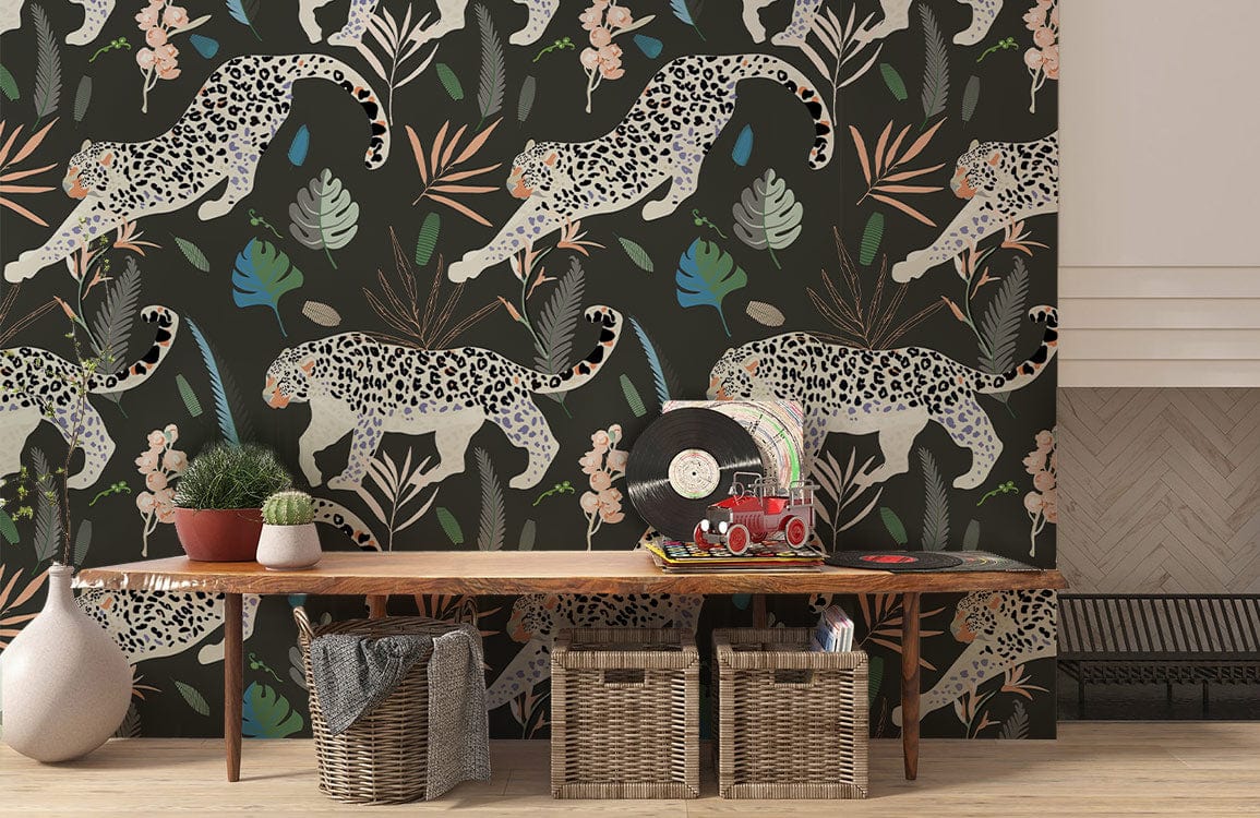 Leopard pattern wallpaper with botanical accents, wooden table, wicker baskets, and herringbone flooring in living room.