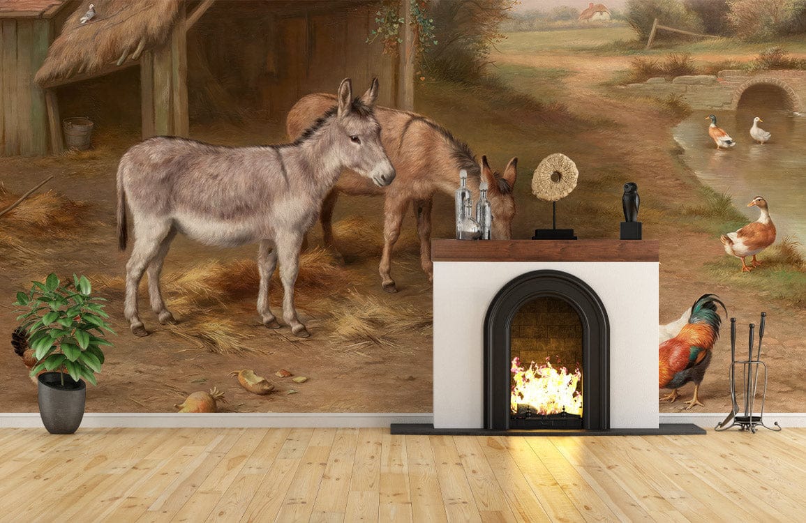 Mural Wallpaper with farm animals, rustic tones, wooden flooring, fireplace, Country Farmyard Animals Scene.